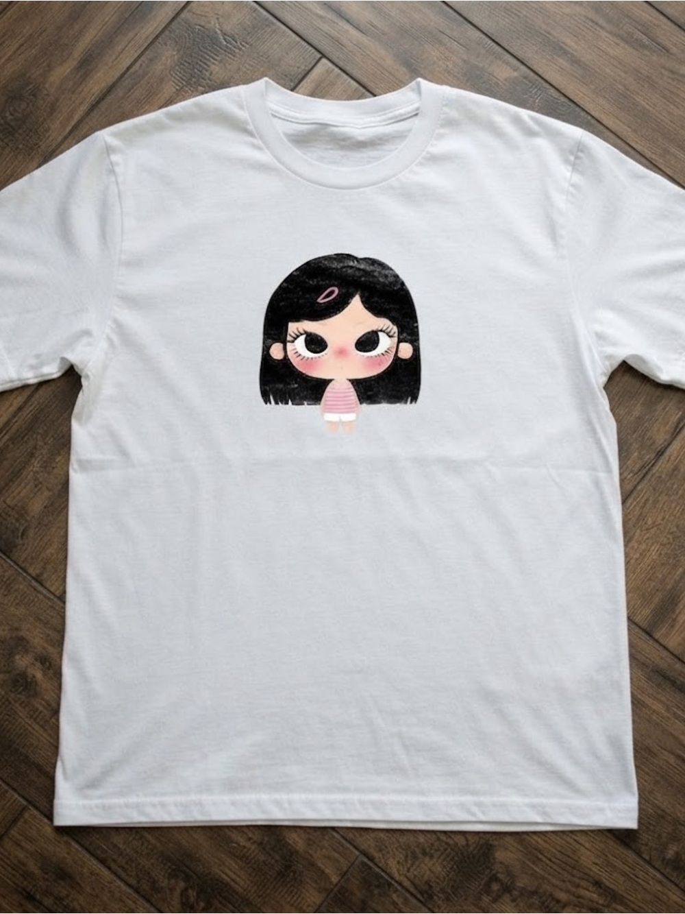 Girls White Tee with Cute Cartoon Girl Graphic Gildan T-shirt